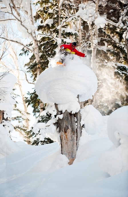 © Pirates Movie Production Snowboarder springt über Baumstumpf
